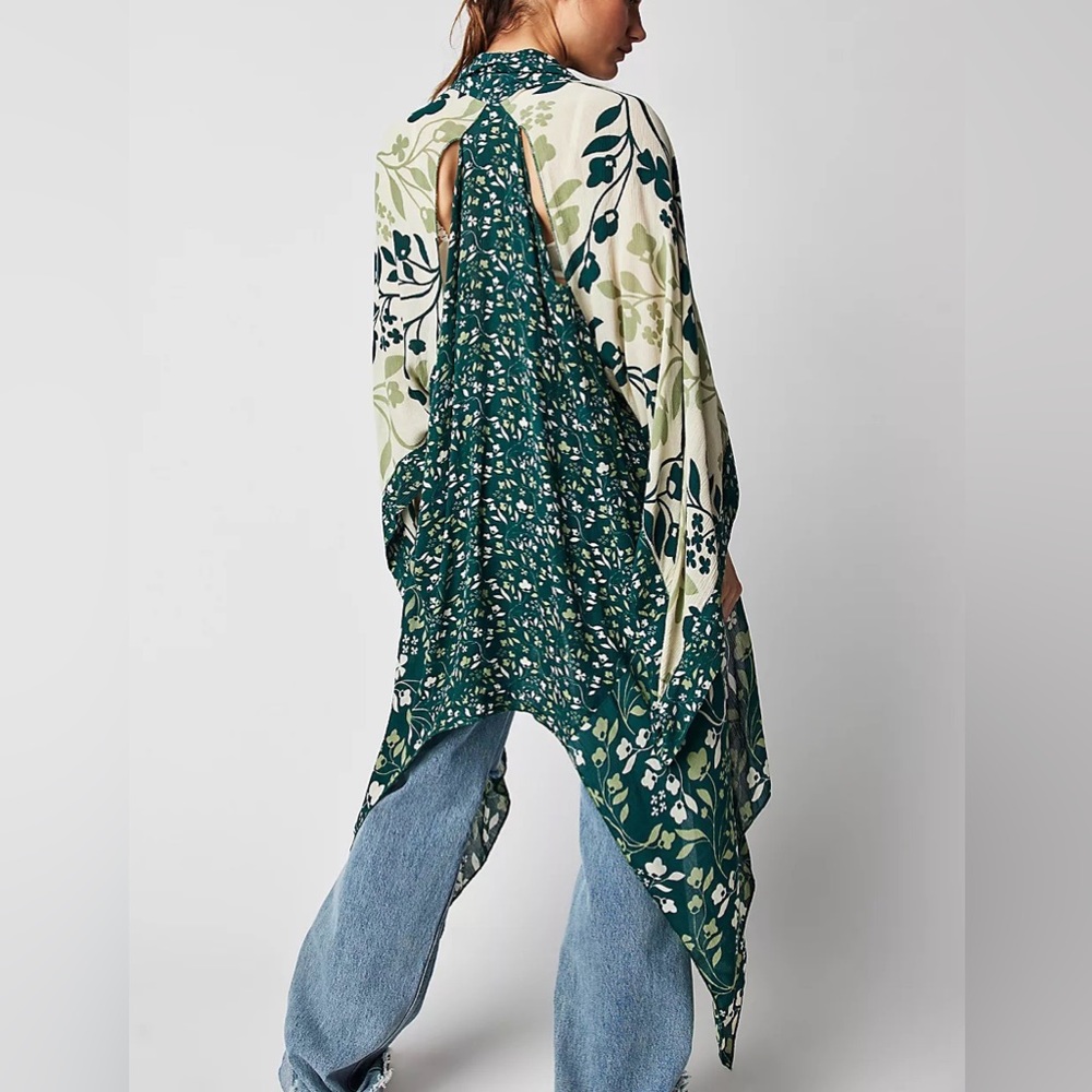 Free People Teal and Cream Floral Tunic